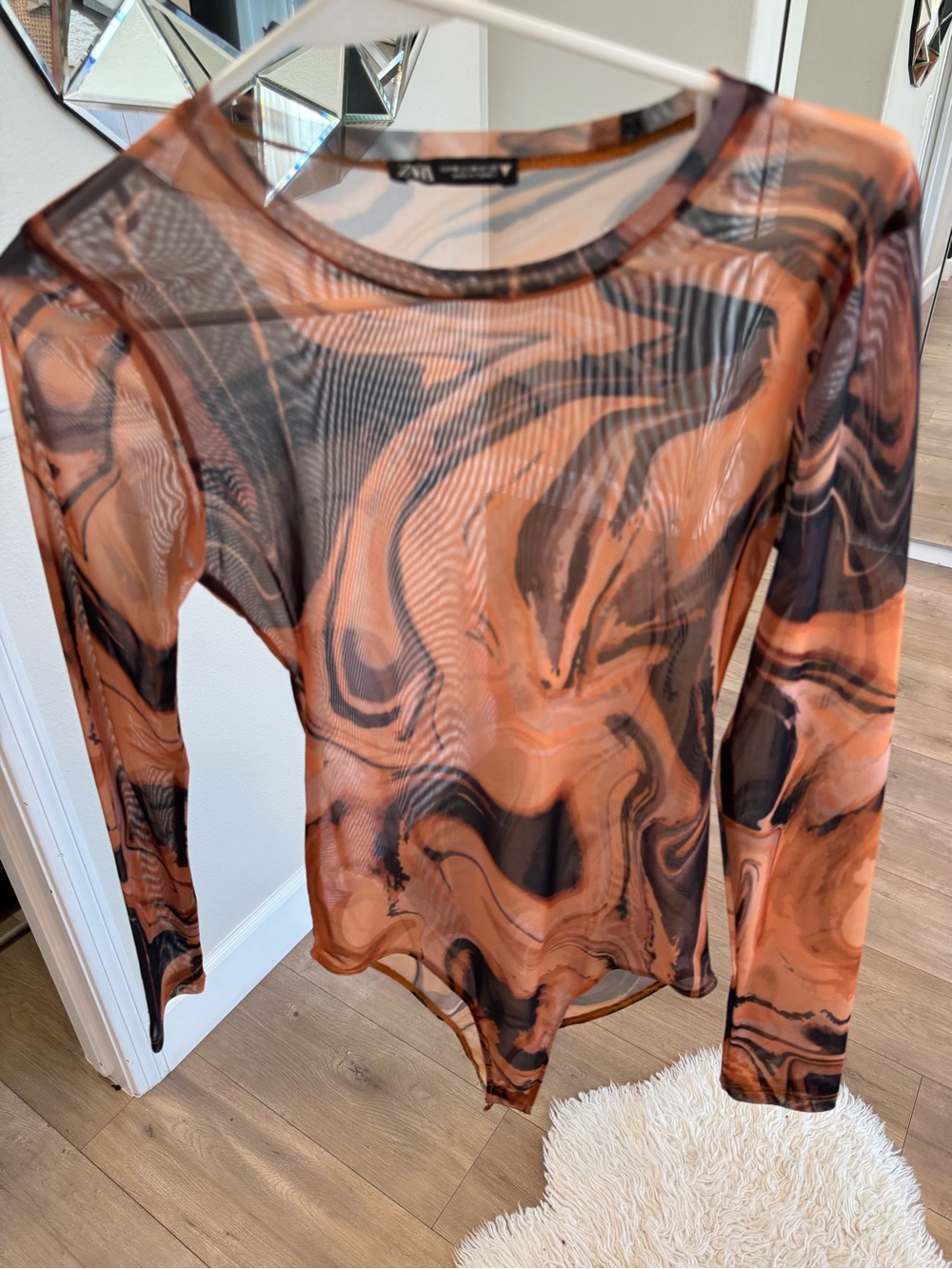 Zara Women's Marble-Print Sheer Long-Sleeve Top - Orange/Black